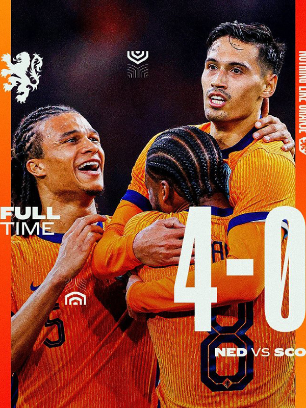 足球友谊赛：荷兰4-0大胜苏格兰 马伦破门 加克波助攻双响
