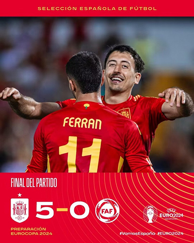 足球友谊赛：西班牙5-0轻取安道尔 阿约塞-佩雷斯转身爆射破门