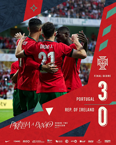 足球友谊赛:葡萄牙3-0爱尔兰 若塔巧妙反抢外脚背助攻C罗上演梅开二度